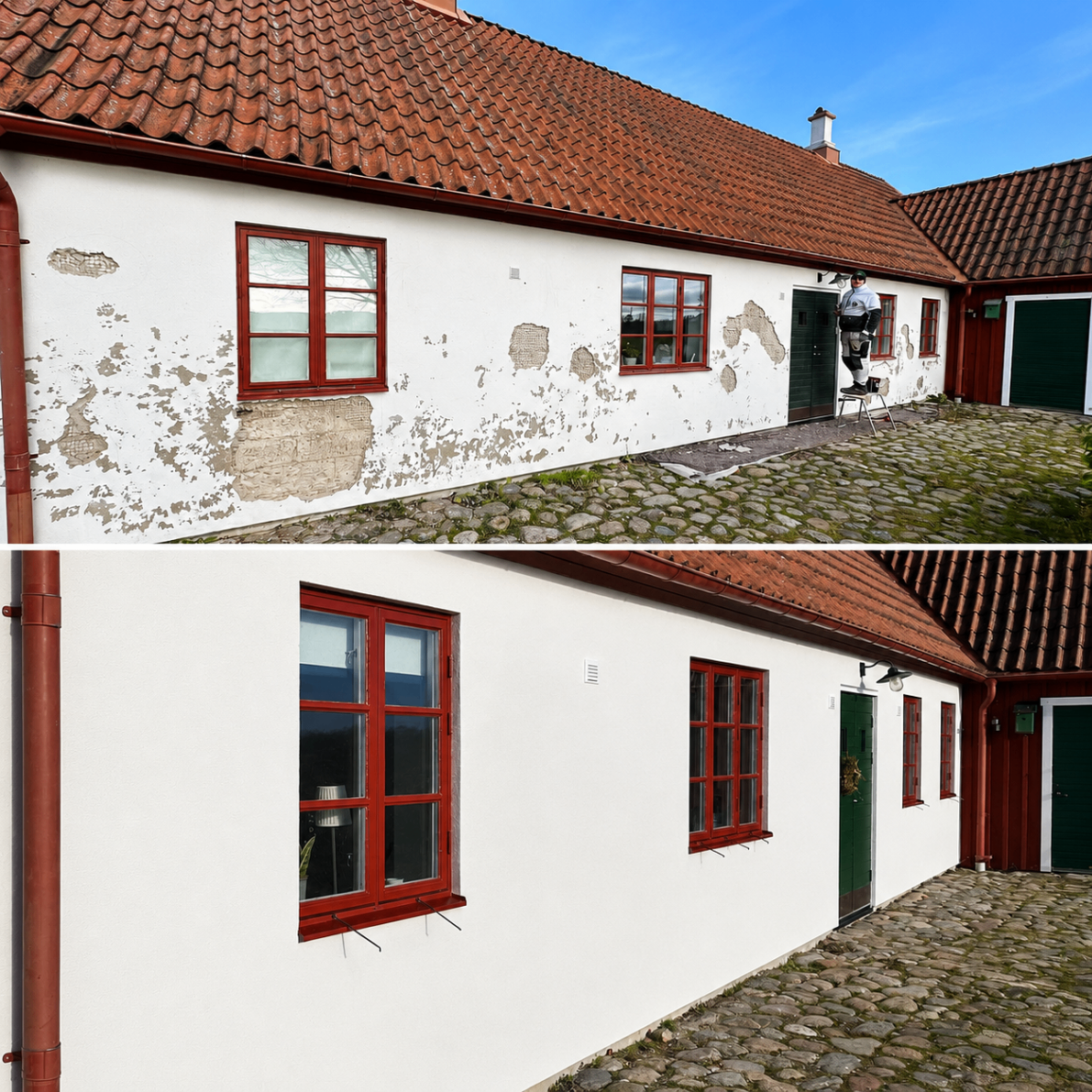 Före och efter putsad fasad som lagats och avfärgats i vitt