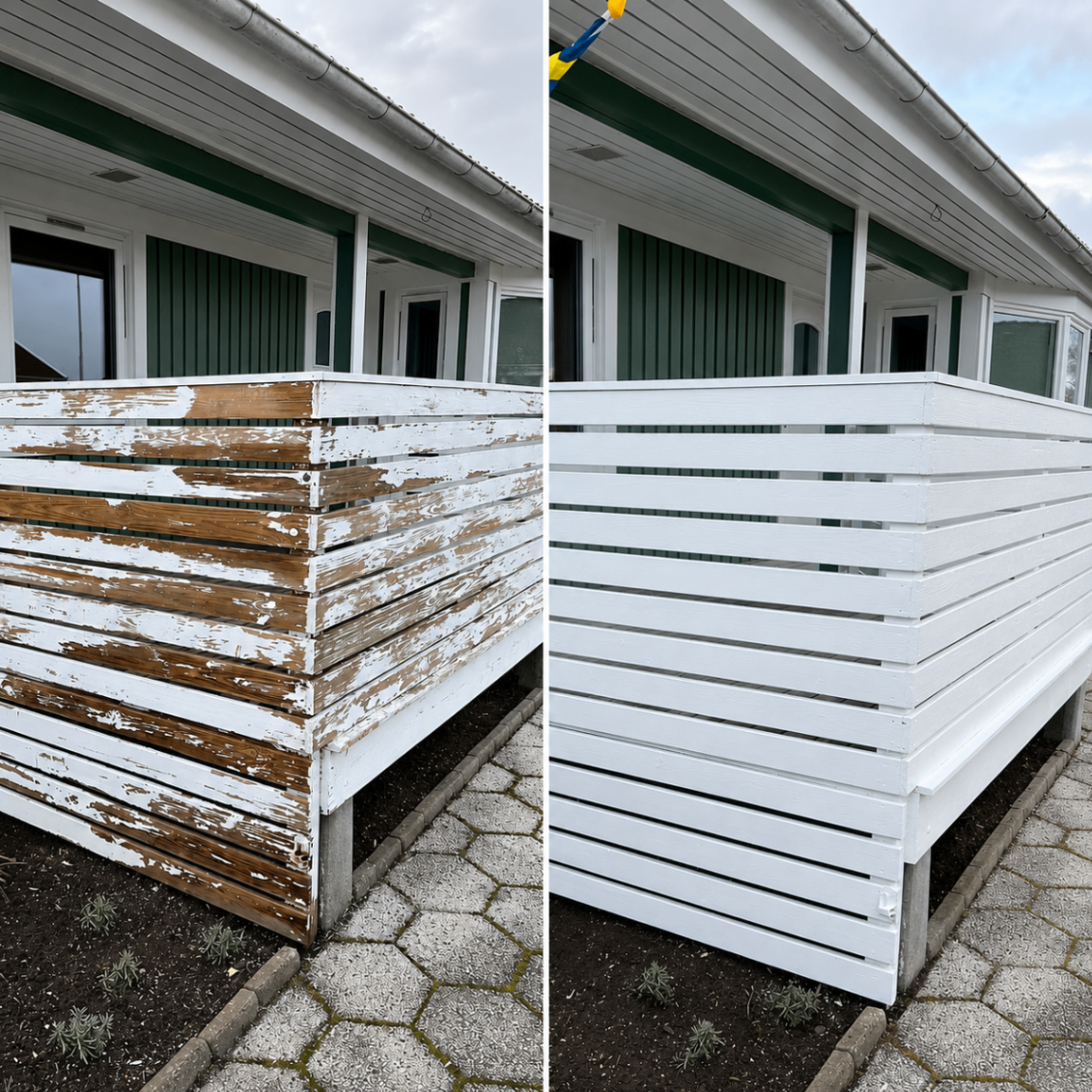 Före och efter vitmålat altanräcke som skrapats och målats om