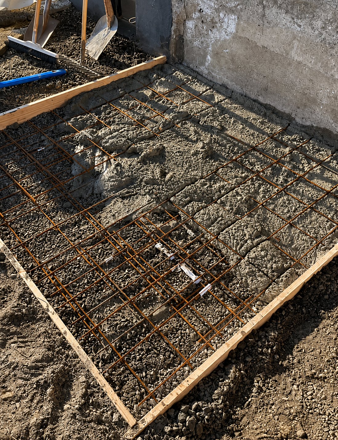 Armeringsnät på betongplatta inför gjutning av husgrund i Skåne